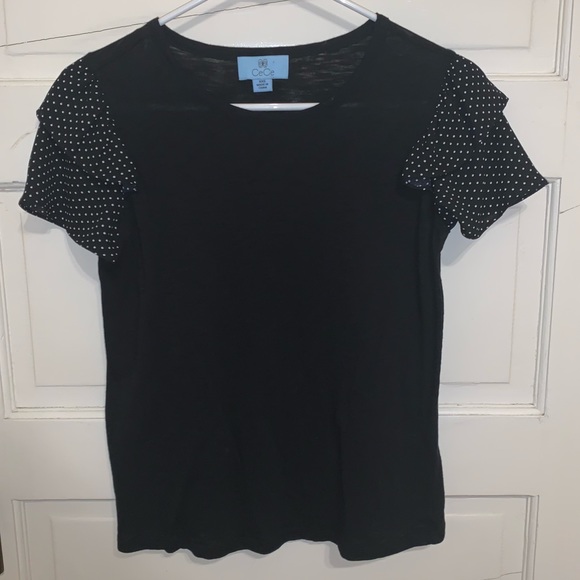 Cece Woman's High Neck Black T-Shirt with Ruffle Frill Polka Dot Sleeve XXS - Picture 1 of 10